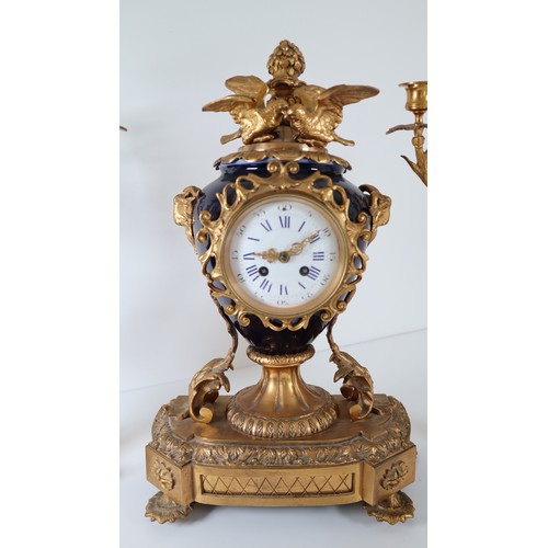 25 - Striking Late 19th Century Rococo Style French Gilt Bronze and Cobalt Blue Porcelain Ormolu Mantel C... 