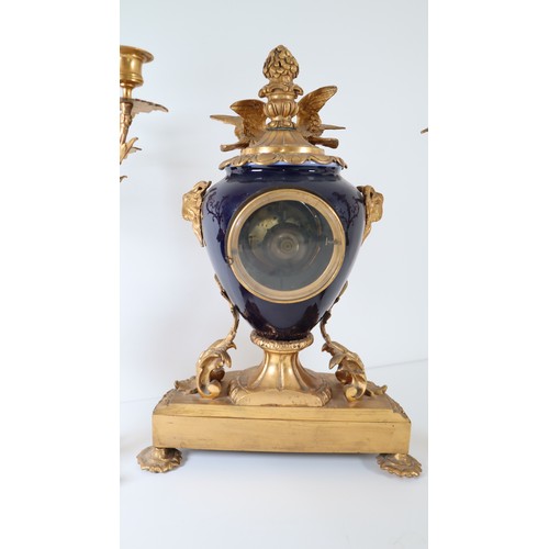 25 - Striking Late 19th Century Rococo Style French Gilt Bronze and Cobalt Blue Porcelain Ormolu Mantel C... 