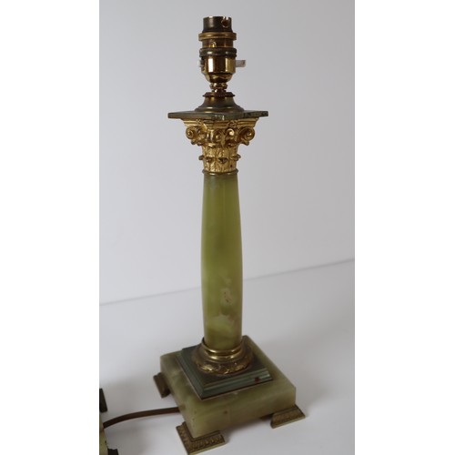 28 - Two Early 20th Century Onyx Romanesque / Empire Column Table Lamps 35cm & 37cm - working