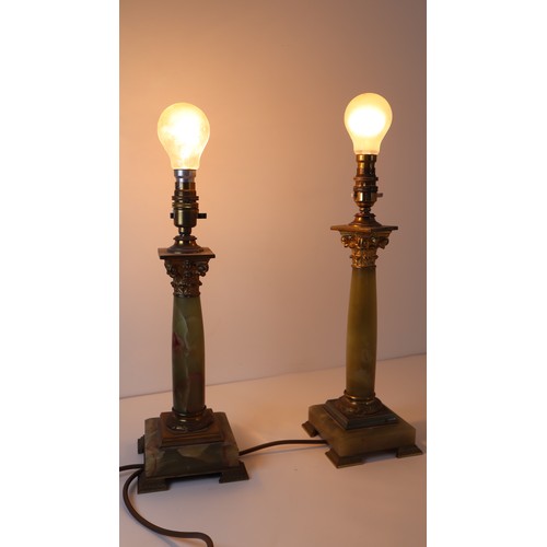 28 - Two Early 20th Century Onyx Romanesque / Empire Column Table Lamps 35cm & 37cm - working