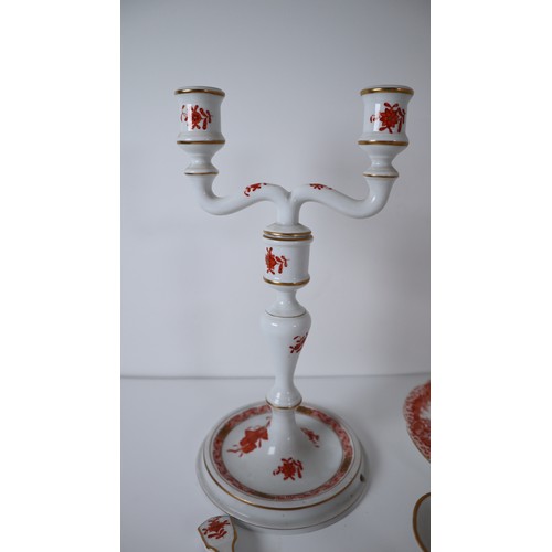 29 - Collection of Hand Painted Herend Red & White Porcelain candelabra, Trinket Box, Sugar Bowl, Spoon, ... 