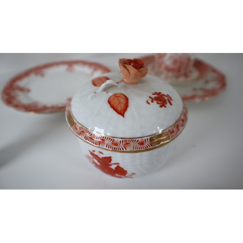 29 - Collection of Hand Painted Herend Red & White Porcelain candelabra, Trinket Box, Sugar Bowl, Spoon, ... 