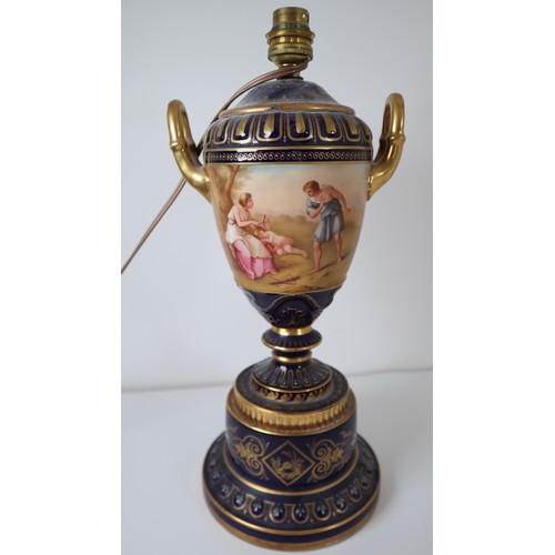 31 - Royal Vienna Porcelain Cobalt Blue & Gilt Urn Vase Hand painted classical scene converted lamp - 35c... 