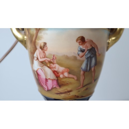 31 - Royal Vienna Porcelain Cobalt Blue & Gilt Urn Vase Hand painted classical scene converted lamp - 35c... 