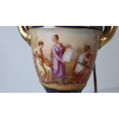 31 - Royal Vienna Porcelain Cobalt Blue & Gilt Urn Vase Hand painted classical scene converted lamp - 35c... 