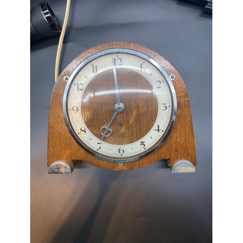 19 - Vintage Bakelite Telephone, Binoculars + Electric Oak cased Mantle clock