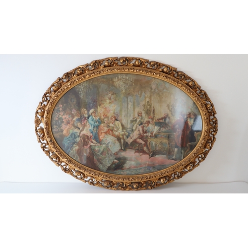 33 - Two Early 20th Century Large Oval Gilt Over Plaster Framed Prints of Period Classical Figures / Scen... 