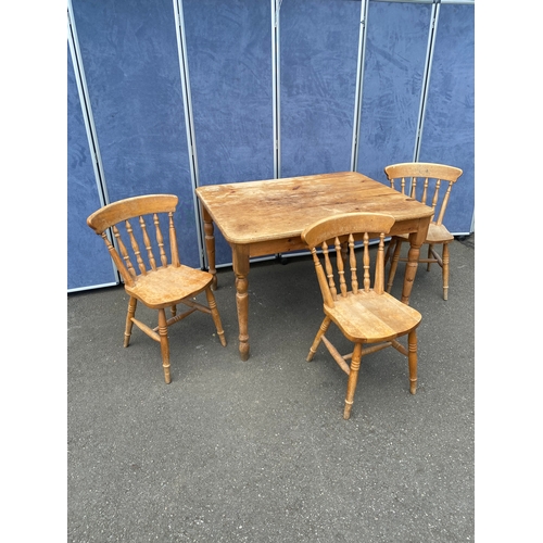 346 - Rustic pine table and three chairs