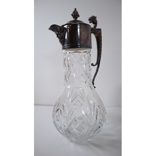 389 - Doulton Silicon Lambeth Lidded Pot (15cm) + silver plate crystal pourer (30cm)