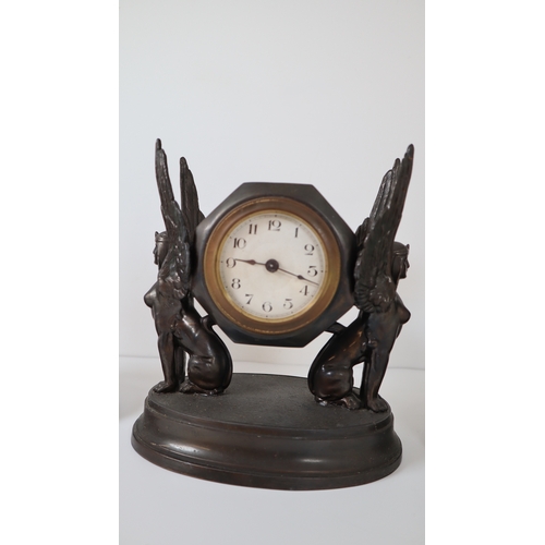 395 - Spelter Bronze Mantle Clock + Pair of French Marley Horses