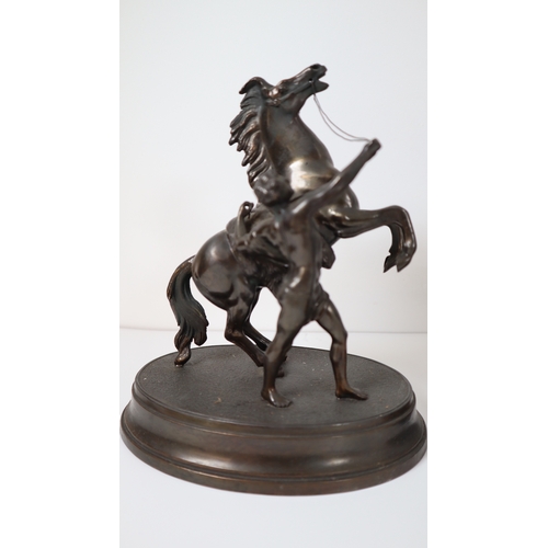 395 - Spelter Bronze Mantle Clock + Pair of French Marley Horses