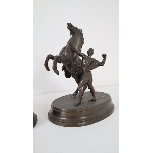 395 - Spelter Bronze Mantle Clock + Pair of French Marley Horses