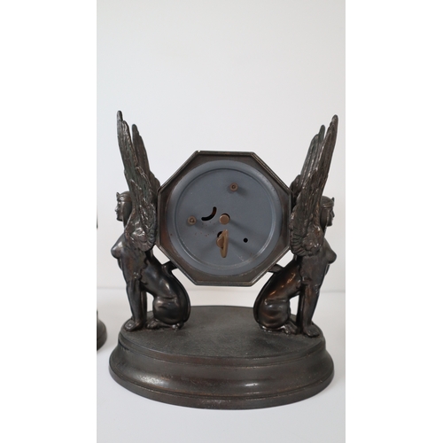 395 - Spelter Bronze Mantle Clock + Pair of French Marley Horses