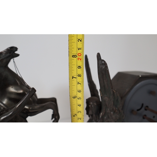 395 - Spelter Bronze Mantle Clock + Pair of French Marley Horses