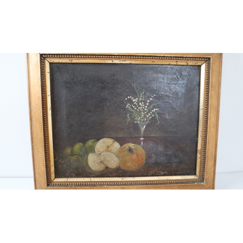 404 - 19th century Still Life Oil on Canvas by J Burdon, Dried Pressed Florals + Le Blond Needlebox Print ... 