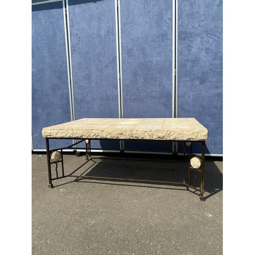 443 - Composite stone coffee table on wrought iron base