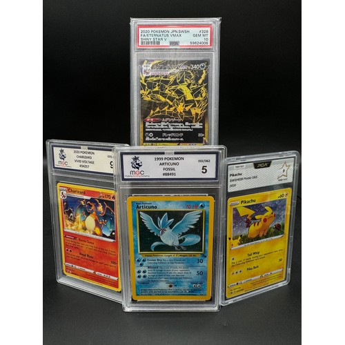 119B - 4 Pokemon Graded Cards including MGC 9 Charizard Vivid Voltage , MGC 5 Articuno Holo Fossil , PCA 9 ... 