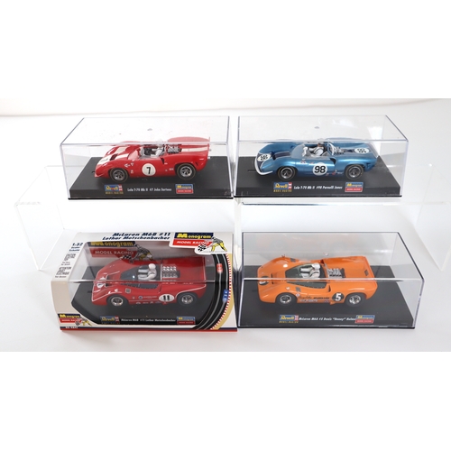 12 - Four Revell Monogram Model Racing Slot Cars Lola T-70 MK2 John Surtees, Lola T-70 Mk2 Parnelli Jones... 