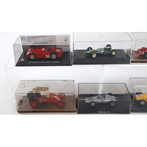 15 - 6 x cased Racing Model cars, Maserati 250 F Italian Grand Prix Jean Behra, Porsche 804, Ferrari 500 ... 