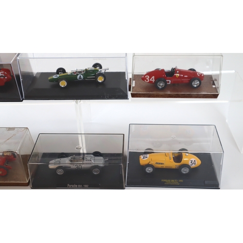 15 - 6 x cased Racing Model cars, Maserati 250 F Italian Grand Prix Jean Behra, Porsche 804, Ferrari 500 ... 