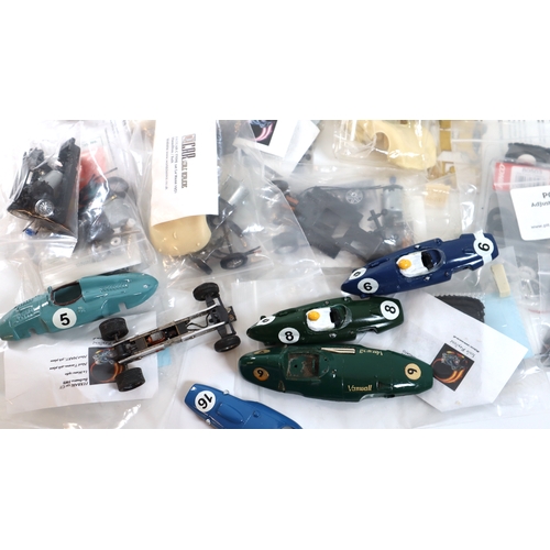 21 - Collection of slot car model racing accessories, racing bodies, Penelope Pitlane brass chassis etc