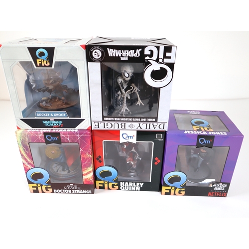 153 - Five Q Fig Collectable Figures including Rocket & Groot, Spiderman, Doctor Strange, Harley Quinn, Je... 