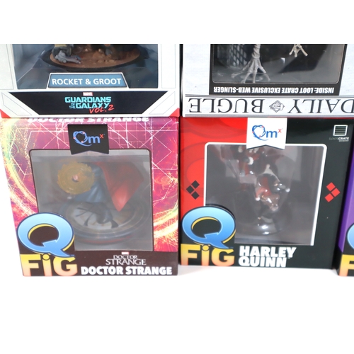 153 - Five Q Fig Collectable Figures including Rocket & Groot, Spiderman, Doctor Strange, Harley Quinn, Je... 