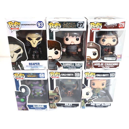 154 - Six Boxed POP Collectable Figures including Reaper, Samwell Tarly, Aguilar, Illidan, Riley, John 