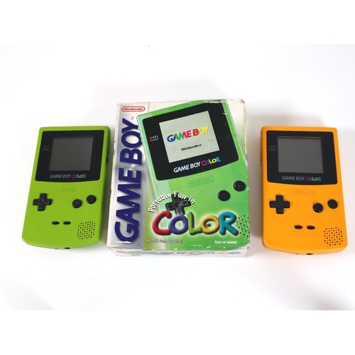 156 - Boxed Nintendo Lime green Gameboy Colour + Yellow Gameboy Colour + X Lite Chear Cartridge