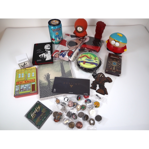 160 - Collection of toys, collectables, Pokemon Chupa Chupps Tin, Gaming Pin Badges, Vintage South Park Ke... 