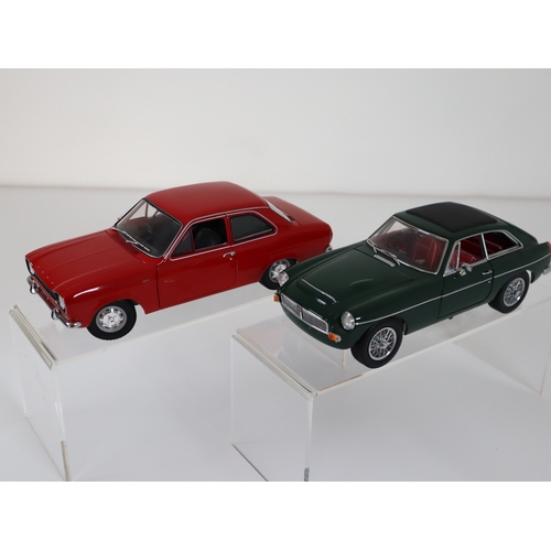 66 - 1:18 Scale Minichamps Ford Escort + Universal Hobbies MGB GT Diecast Metal Model Cars