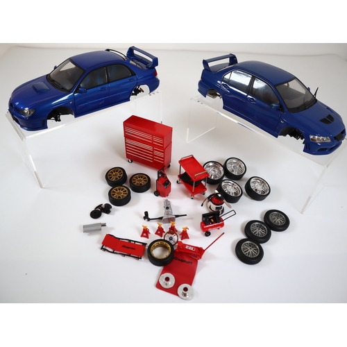 67 - 1:18 Scale Subaru Impreza + Mitsubishi Evo + Snap On branded Garage / Mechanics  accessories / Tools