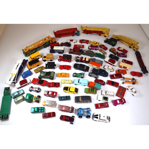 101 - Collection of Loose Die-Cast Metal Corgi, Matchbox, Dinky model cars, commercial vehicles, transport... 