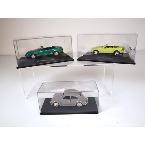 107 - Cased Mercedes-Benz SLK 230, CLK Cabrio, VW Beetle 1:32 scaled Die-cast Model cars