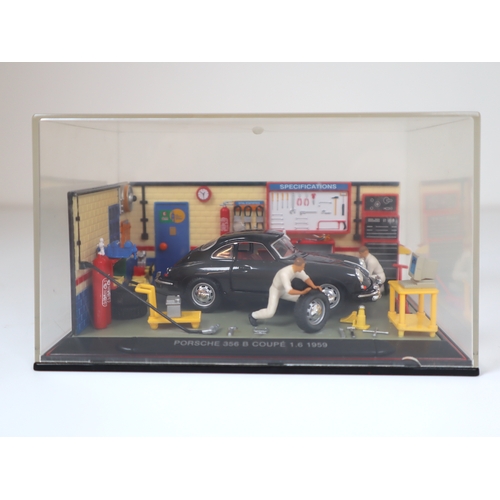 108 - Cased Porsche 356 B Coupe 1.6 1959 Garage Diorama + Jaguar