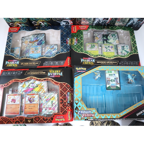 195 - Pokemon TCG - Large quantity of Paldean Fates Empty Tins / Collection Boxes all with Promo cards, co... 