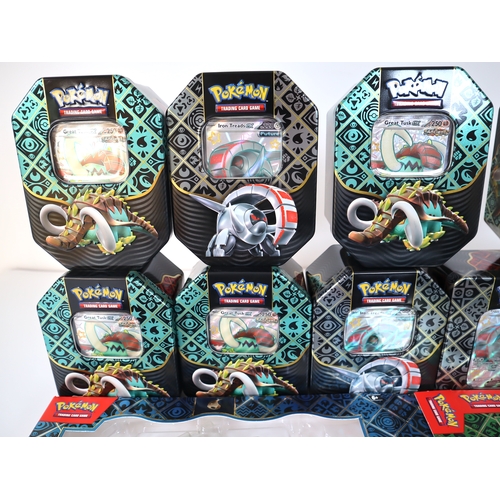 195 - Pokemon TCG - Large quantity of Paldean Fates Empty Tins / Collection Boxes all with Promo cards, co... 