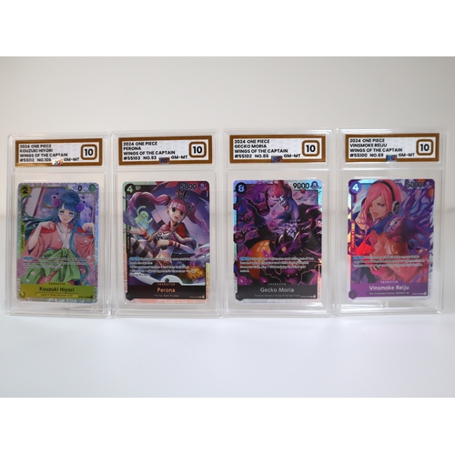 203 - Bandai One Piece TCG - 4 x Gem Mint PG Graded 10 Cards Kouzuki Hiyori SR 106, Perona SR 93, Gecko Mo... 