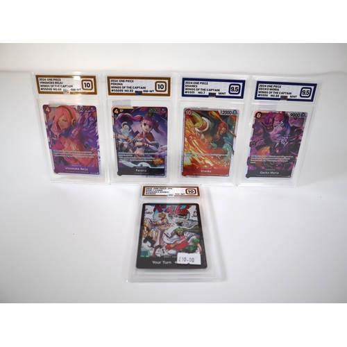 204 - Bandai One Piece TCG - 5 x Gem Mint PG Graded 10 & 9.5 Mint Cards Shanks SR 7, Perona SR 93, Gecko M... 