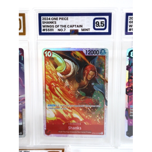 204 - Bandai One Piece TCG - 5 x Gem Mint PG Graded 10 & 9.5 Mint Cards Shanks SR 7, Perona SR 93, Gecko M... 