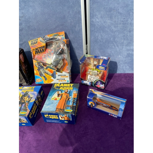 229 - Collection of boxed toys including Action man, Aurora Planet of the Apes kits