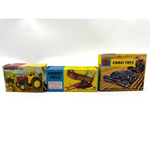 270 - Dinky / Corgi Toys - 305 David Brown Tractor, 62 Farm Tipper Trailer, 71 Wheel Controlled Tandem Dis... 