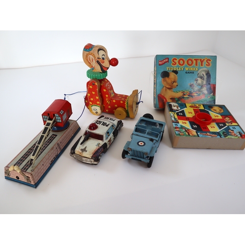 71 - Vintage Tin Plate Toy cars, Philmar Sootys Tiddley Winks Game, Fisher Price Squeaky the Clown