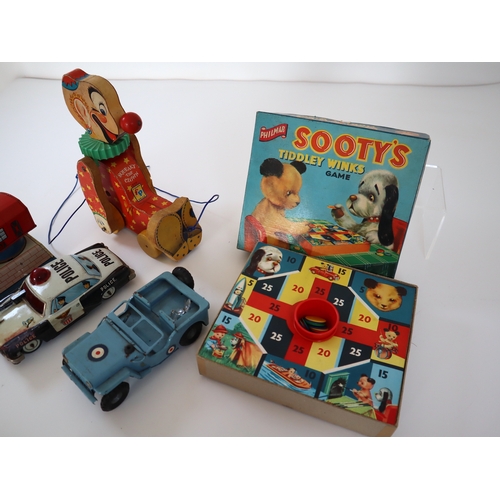 71 - Vintage Tin Plate Toy cars, Philmar Sootys Tiddley Winks Game, Fisher Price Squeaky the Clown