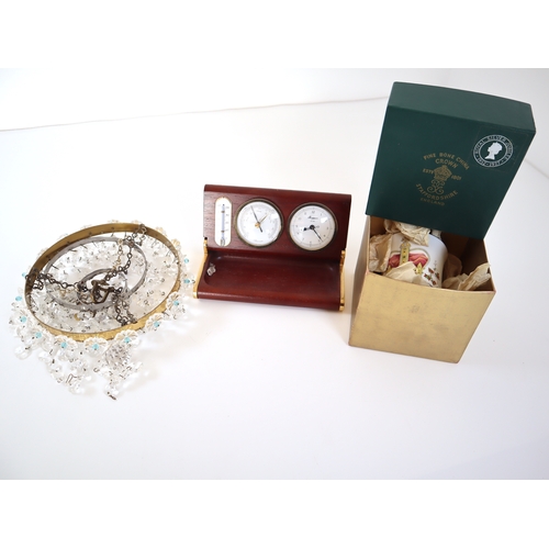 74 - Small droplet chandelier, desk clock / barometer + Crown Staffordshire Bone China QE2 Commemorative ... 