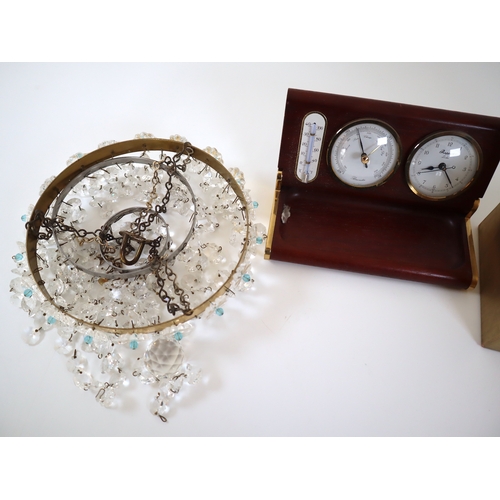 74 - Small droplet chandelier, desk clock / barometer + Crown Staffordshire Bone China QE2 Commemorative ... 