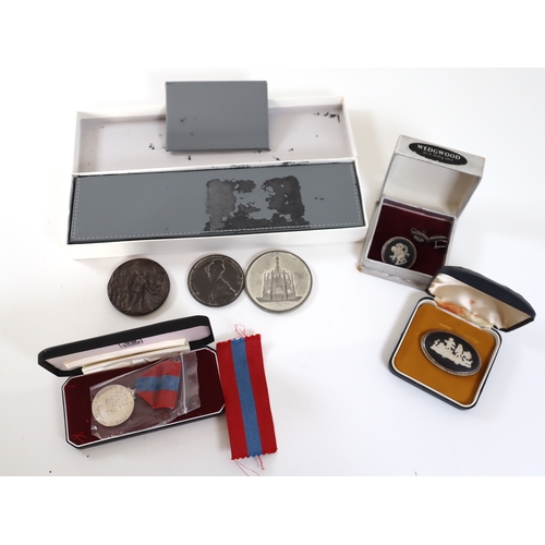 81 - Omega Watch box / papers, National Service Medal, Silver Wedgwood Brooches, Three Medallions