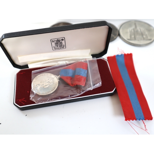 81 - Omega Watch box / papers, National Service Medal, Silver Wedgwood Brooches, Three Medallions