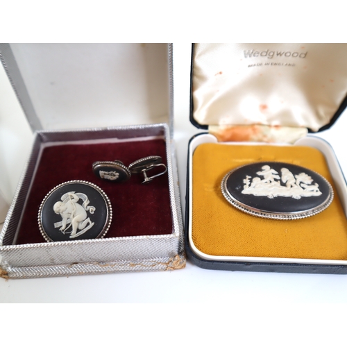 81 - Omega Watch box / papers, National Service Medal, Silver Wedgwood Brooches, Three Medallions