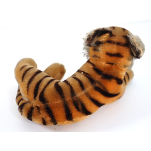 108 - Vintage 1950's Mohair Steiff Tiger laying down - 22cm with original paper tag